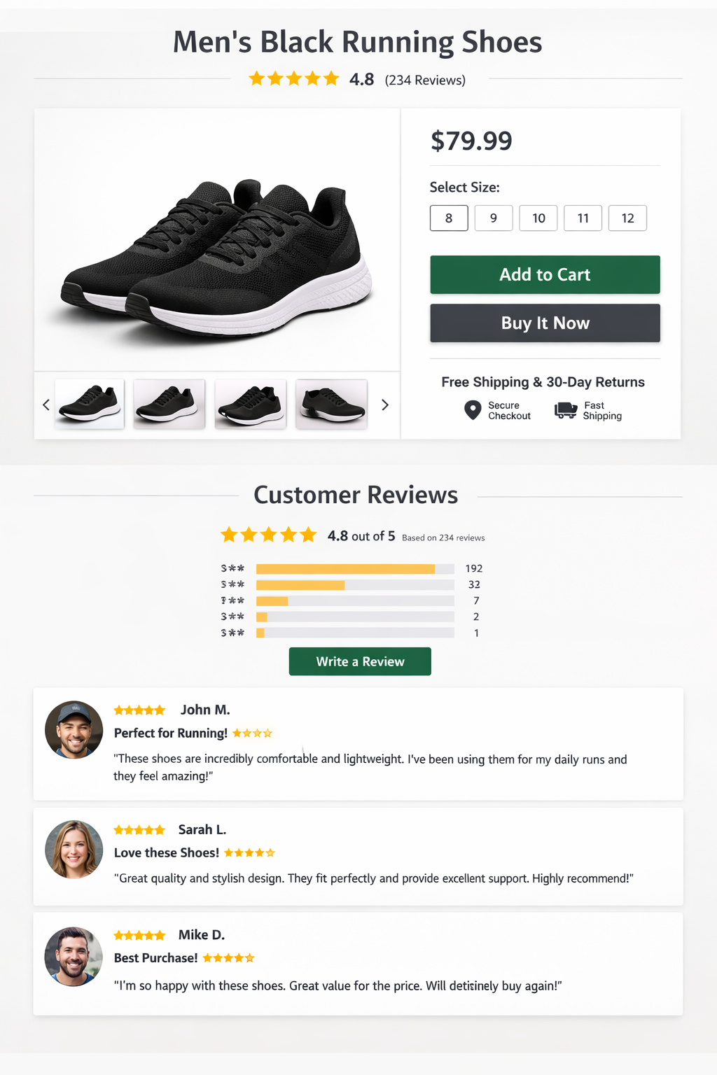 Men's black running shoes product page